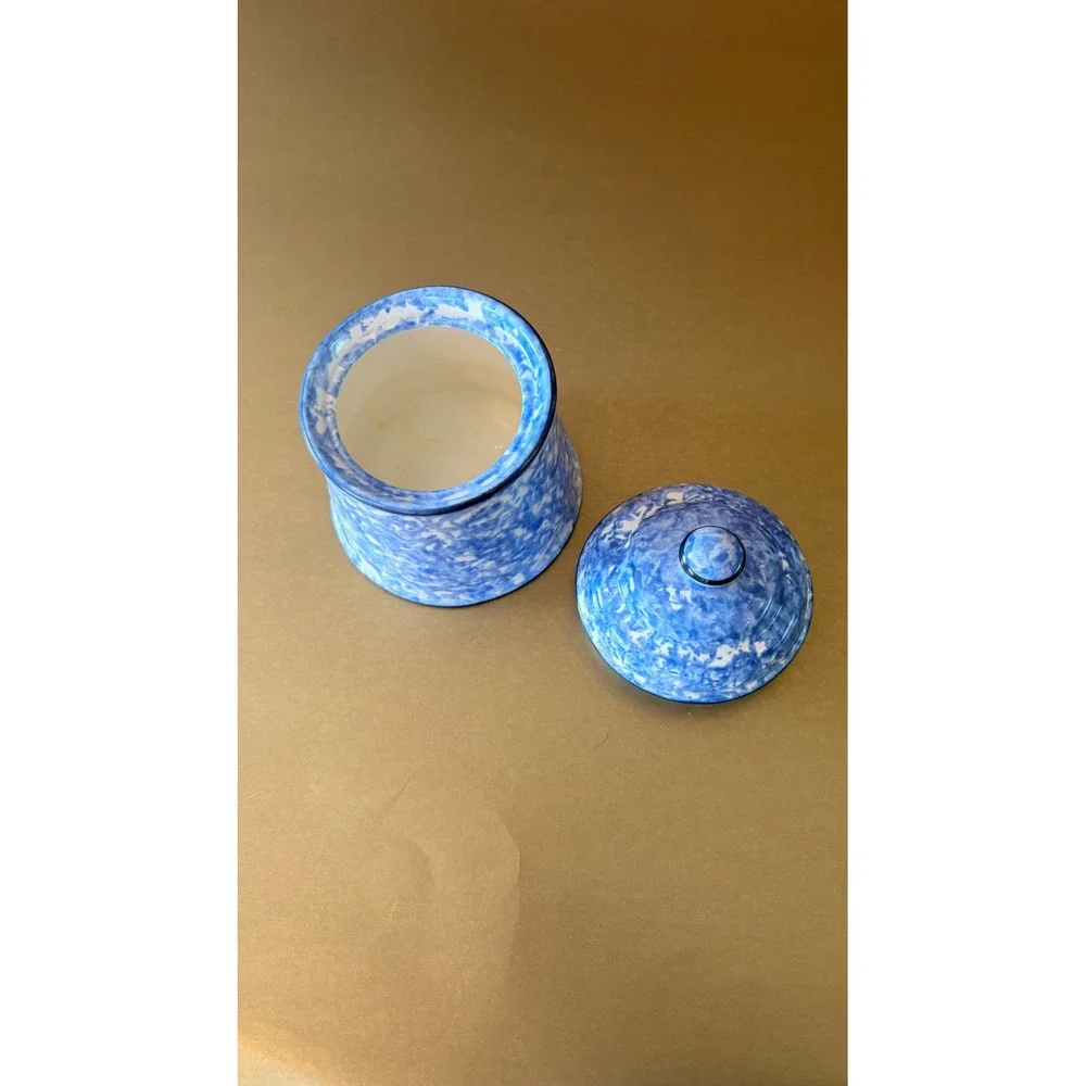 Stangl Pottery Town and Country Blue Spongeware Lidded Sugar Bowl Small Canister